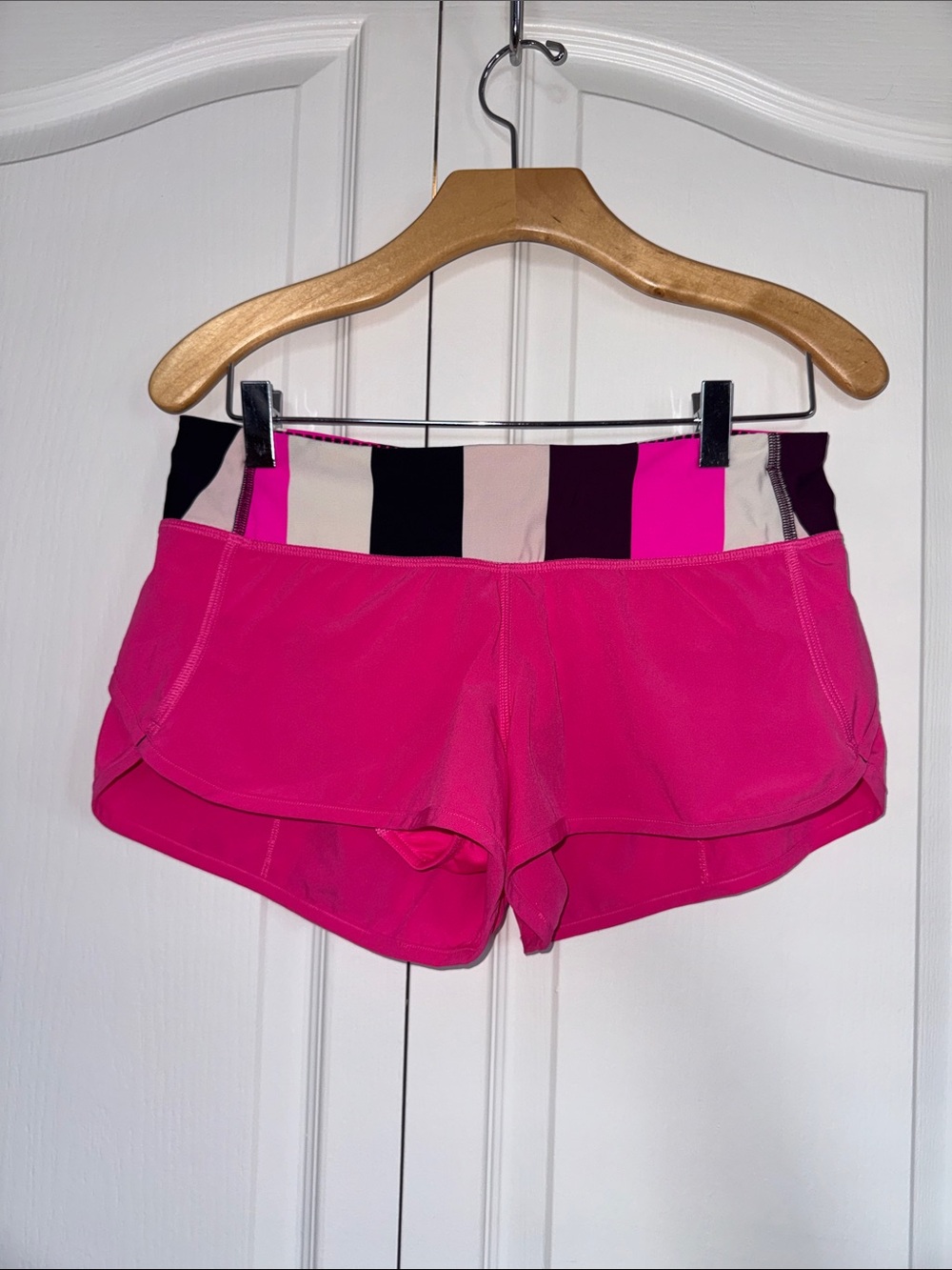 Lululemon athletica Women's Pink Athletic Running Shorts with Striped Waistband